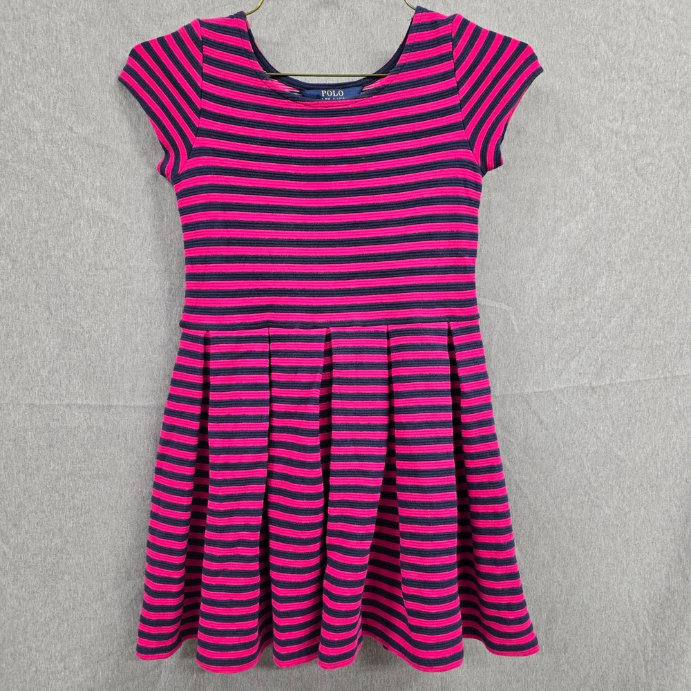 Polo Ralph Lauren Girls Pink Navy Blue Striped Pleated Fit Flare Dress Size 6X‎